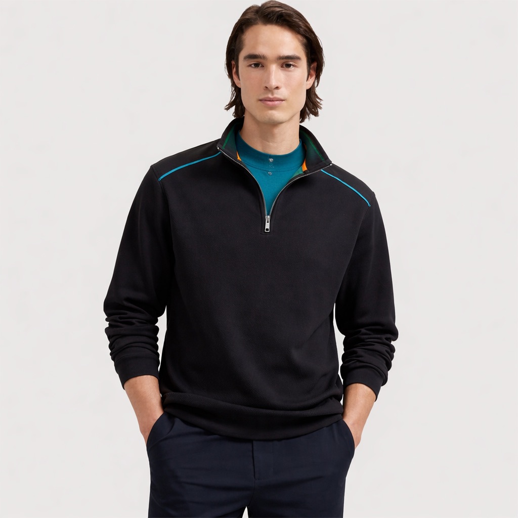 Bugatchi Quarter-Zip Pullover In Black With Blue Trim